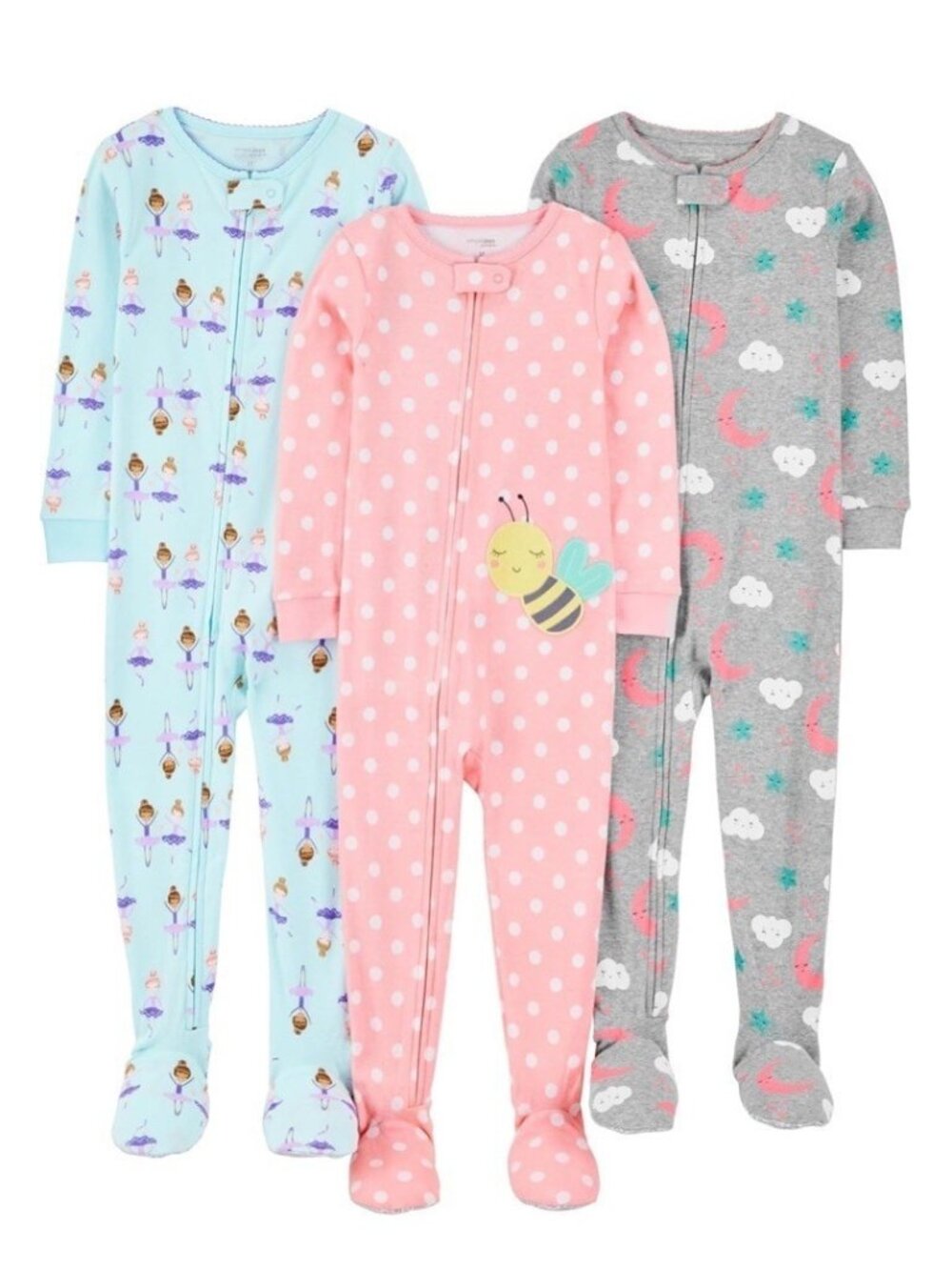 Toddler Girls Snug-Fit Footed Cotton Pajamas Set of 3 Zip Pjs Ballerina Cute 5T